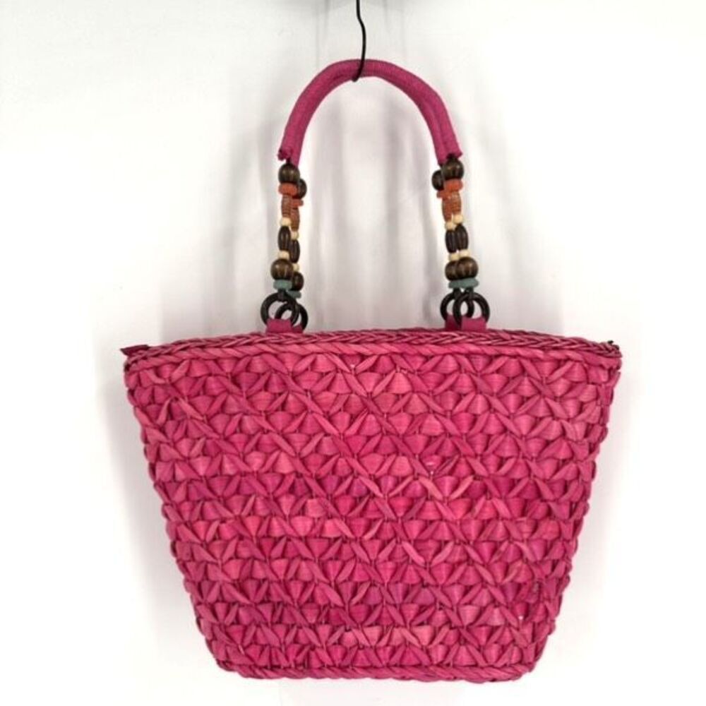 NWT Barney’s NY Pink Straw‎ Beaded Handle Tote Bag
